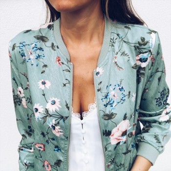 Fashion Retro Floral Print Women Coat Casual Zipper Up Bomber Jacket Ladies Casual Autumn Outwear Coats Women Clothing Green White Red Blue